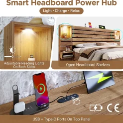 Okwish Lit Double 160x200 cm - Lit Adulte avec Rangement et Éclairage LED - Port USB et Niche Lumineuse - Sans Matelas - Bois - Chêne* Lit Double