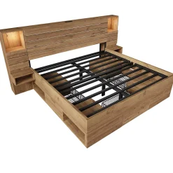 Okwish Lit Double 160x200 cm - Lit Adulte avec Rangement et Éclairage LED - Port USB et Niche Lumineuse - Sans Matelas - Bois - Chêne* Lit Double