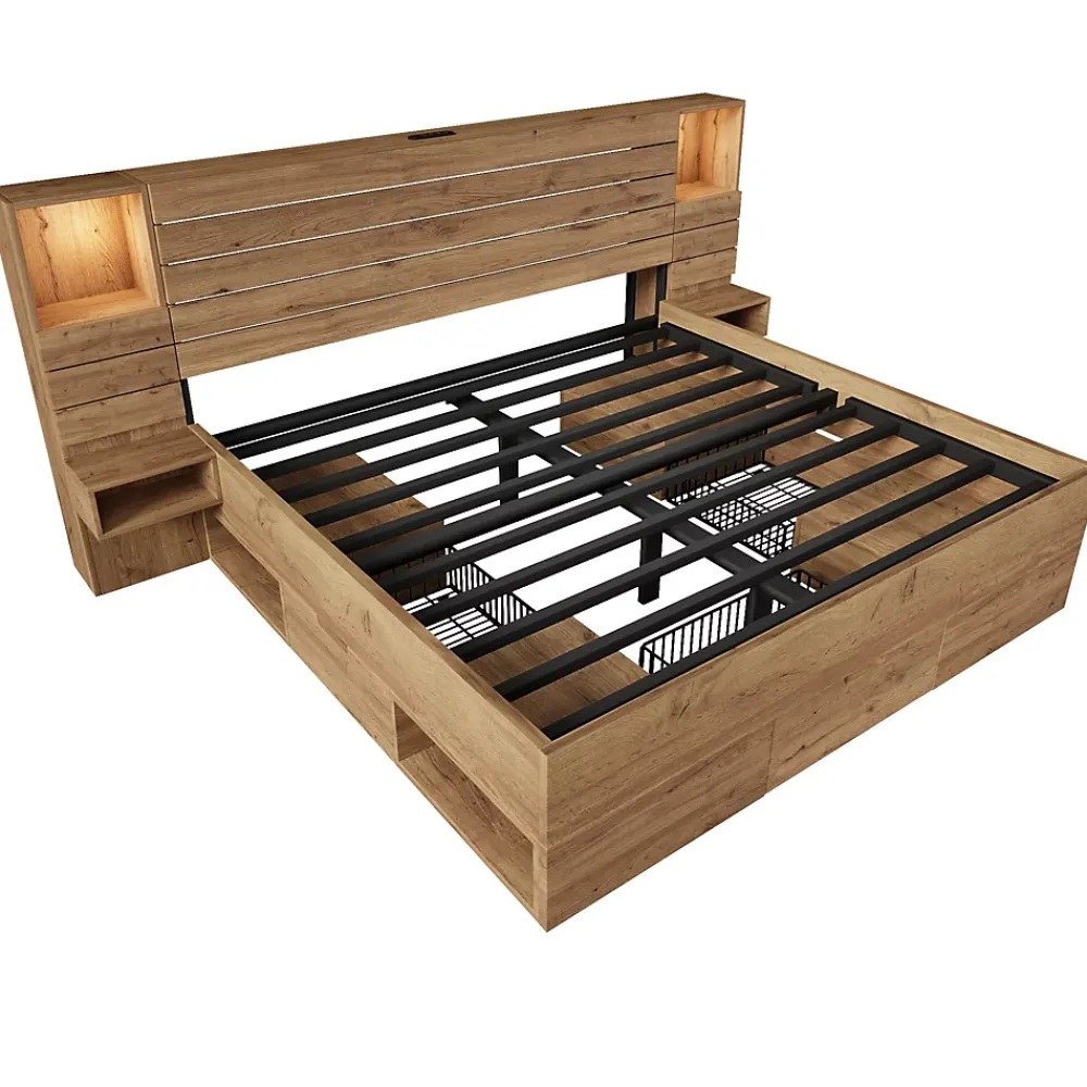 Okwish Lit Double 160x200 cm - Lit Adulte avec Rangement et Éclairage LED - Port USB et Niche Lumineuse - Sans Matelas - Bois - Chêne* Lit Double