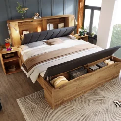 Lit Double 160x200 cm - Lit Adulte avec Tête de Lit Rabattable et Rangement - 2 Tables de Chevet et Banc - Sans Matelas - Naturel>Okwish Best