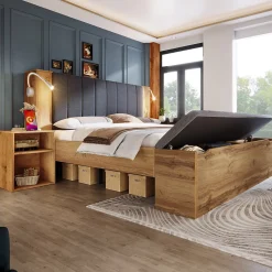 Lit Double 160x200 cm - Lit Adulte avec Tête de Lit Rabattable et Rangement - 2 Tables de Chevet et Banc - Sans Matelas - Naturel><noscript><img width=