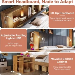 Lit Double 160x200 cm - Lit Adulte avec Tête de Lit Rabattable et Rangement - 2 Tables de Chevet et Banc - Sans Matelas - Naturel><noscript><img width=