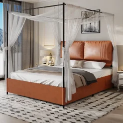 Lit Double 140x200 cm - Lit Adulte en PU avec Têtières Amovibles et Boucles Métalliques - design Moderne - Sans Matelas - Beige>Okwish
