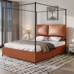 Lit Double 140x200 cm - Lit Adulte en PU avec Têtières Amovibles et Boucles Métalliques - design Moderne - Sans Matelas - Beige>Okwish