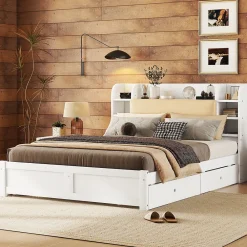 Okwish Lit Double 160x200 cm - Lit Adulte avec 4 Tiroirs et Tête Multifonctionnelle - Bois de Pin et MDF - Blanc - Sans Matelas* Lit Double