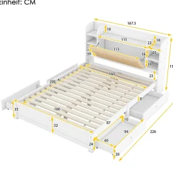 Okwish Lit Double 160x200 cm - Lit Adulte avec 4 Tiroirs et Tête Multifonctionnelle - Bois de Pin et MDF - Blanc - Sans Matelas* Lit Double
