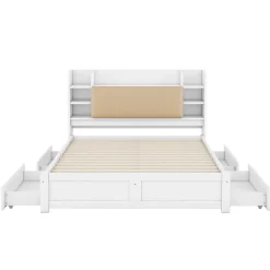 Okwish Lit Double 160x200 cm - Lit Adulte avec 4 Tiroirs et Tête Multifonctionnelle - Bois de Pin et MDF - Blanc - Sans Matelas* Lit Double
