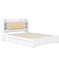 Okwish Lit Double 160x200 cm - Lit Adulte avec 4 Tiroirs et Tête Multifonctionnelle - Bois de Pin et MDF - Blanc - Sans Matelas* Lit Double