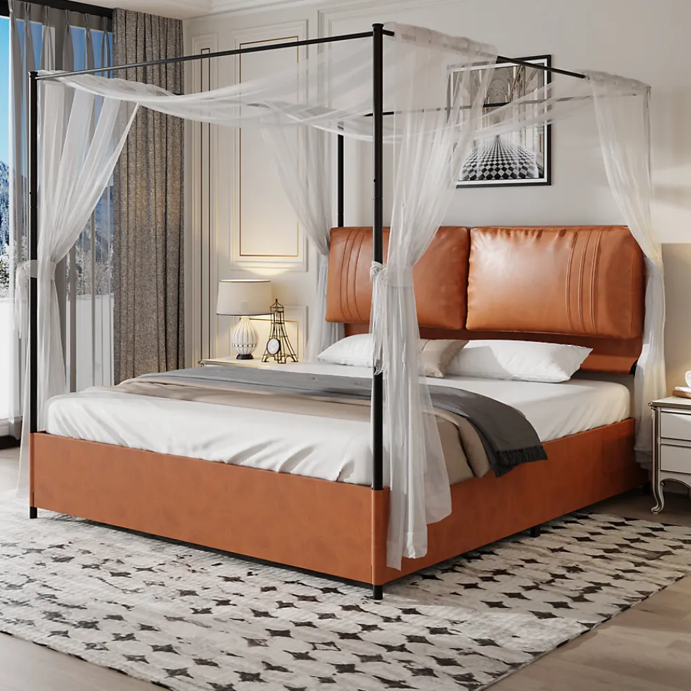 Lit Double 180x200 cm - Lit Adulte en PU avec Têtières Amovibles et Boucles Métalliques - design Moderne - Sans Matelas - Beige>Okwish New