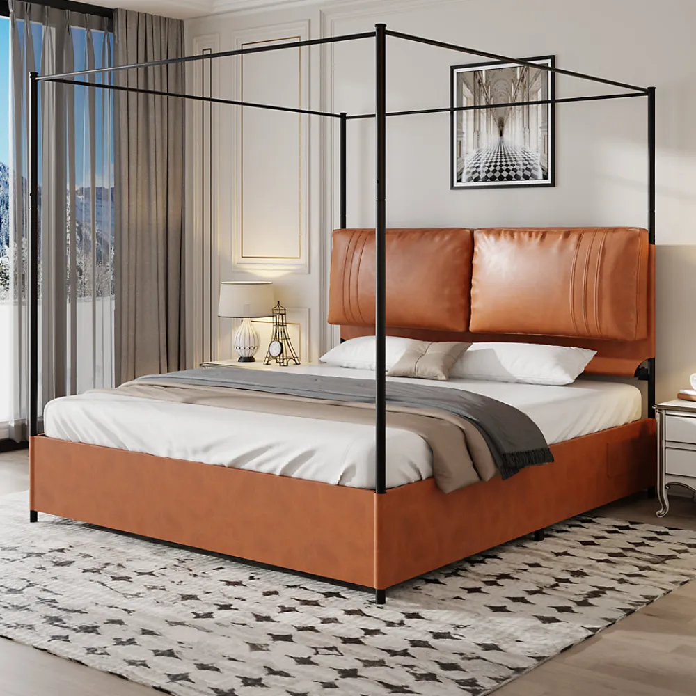 Lit Double 180x200 cm - Lit Adulte en PU avec Têtières Amovibles et Boucles Métalliques - design Moderne - Sans Matelas - Beige>Okwish New