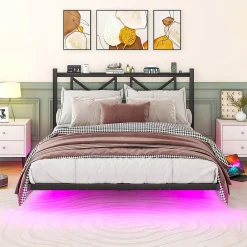 Okwish Lit Double 140x200 cm - Lit Adulte Moderne, avec Rangements, Éclairage LED Multicolore et Prises USB - Métal Noir, sans Matelas* Lit Double