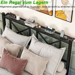 Okwish Lit Double 140x200 cm - Lit Adulte Moderne, avec Rangements, Éclairage LED Multicolore et Prises USB - Métal Noir, sans Matelas* Lit Double