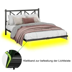 Okwish Lit Double 140x200 cm - Lit Adulte Moderne, avec Rangements, Éclairage LED Multicolore et Prises USB - Métal Noir, sans Matelas* Lit Double