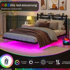 Okwish Lit Double 140x200 cm - Lit Adulte Moderne, avec Rangements, Éclairage LED Multicolore et Prises USB - Métal Noir, sans Matelas* Lit Double