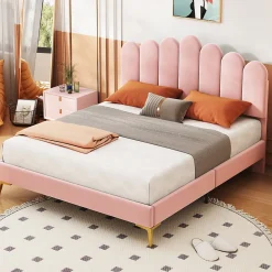 Lit Double 140x200 cm - Lit avec Tête de Lit et Sommier À Lattes, Sans Matelas, en Velours Rose>Okwish Hot
