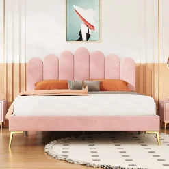 Lit Double 140x200 cm - Lit avec Tête de Lit et Sommier À Lattes, Sans Matelas, en Velours Rose>Okwish Hot