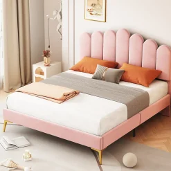 Lit Double 140x200 cm - Lit avec Tête de Lit et Sommier À Lattes, Sans Matelas, en Velours Rose><noscript><img width=