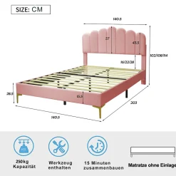 Lit Double 140x200 cm - Lit avec Tête de Lit et Sommier À Lattes, Sans Matelas, en Velours Rose><noscript><img width=