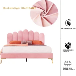 Lit Double 140x200 cm - Lit avec Tête de Lit et Sommier À Lattes, Sans Matelas, en Velours Rose><noscript><img width=