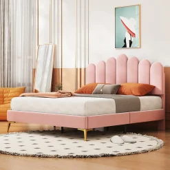 Lit Double 140x200 cm - Lit avec Tête de Lit et Sommier À Lattes, Sans Matelas, en Velours Rose><noscript><img width=