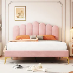 Lit Double 140x200 cm - Lit avec Tête de Lit et Sommier À Lattes, Sans Matelas, en Velours Rose><noscript><img width=