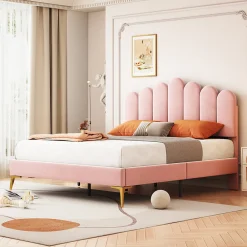 Lit Double 140x200 cm - Lit avec Tête de Lit et Sommier À Lattes, Sans Matelas, en Velours Rose><noscript><img width=