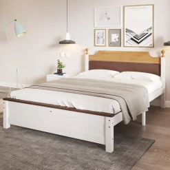 Lit double 140x200 cm - Lit avec tête et pied de lit - Pin + MDF - Sans matelas - Blanc>Okwish Sale