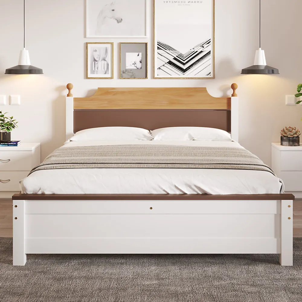 Lit double 140x200 cm - Lit avec tête et pied de lit - Pin + MDF - Sans matelas - Blanc>Okwish Sale
