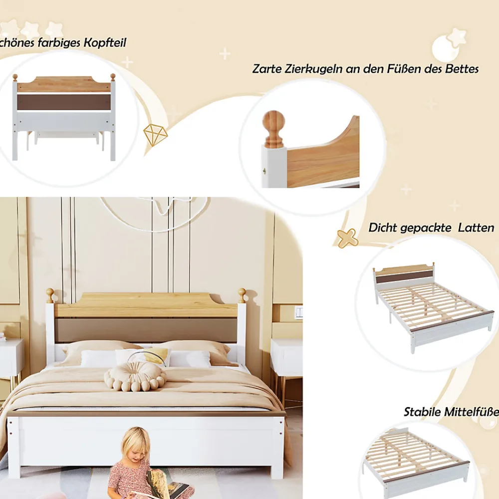 Lit double 140x200 cm - Lit avec tête et pied de lit - Pin + MDF - Sans matelas - Blanc>Okwish Sale