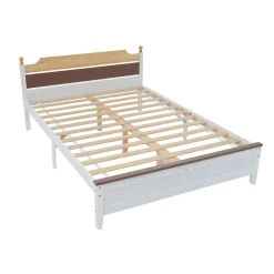 Lit double 140x200 cm - Lit avec tête et pied de lit - Pin + MDF - Sans matelas - Blanc><noscript><img width=