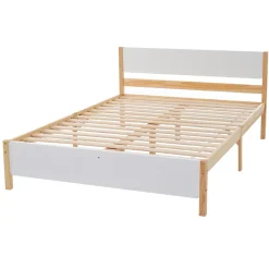 Okwish Lit double 140x200 cm - Lit avec tête et pied de lit - Pin + MDF - Sans matelas - Blanc + Naturel* Lit Double