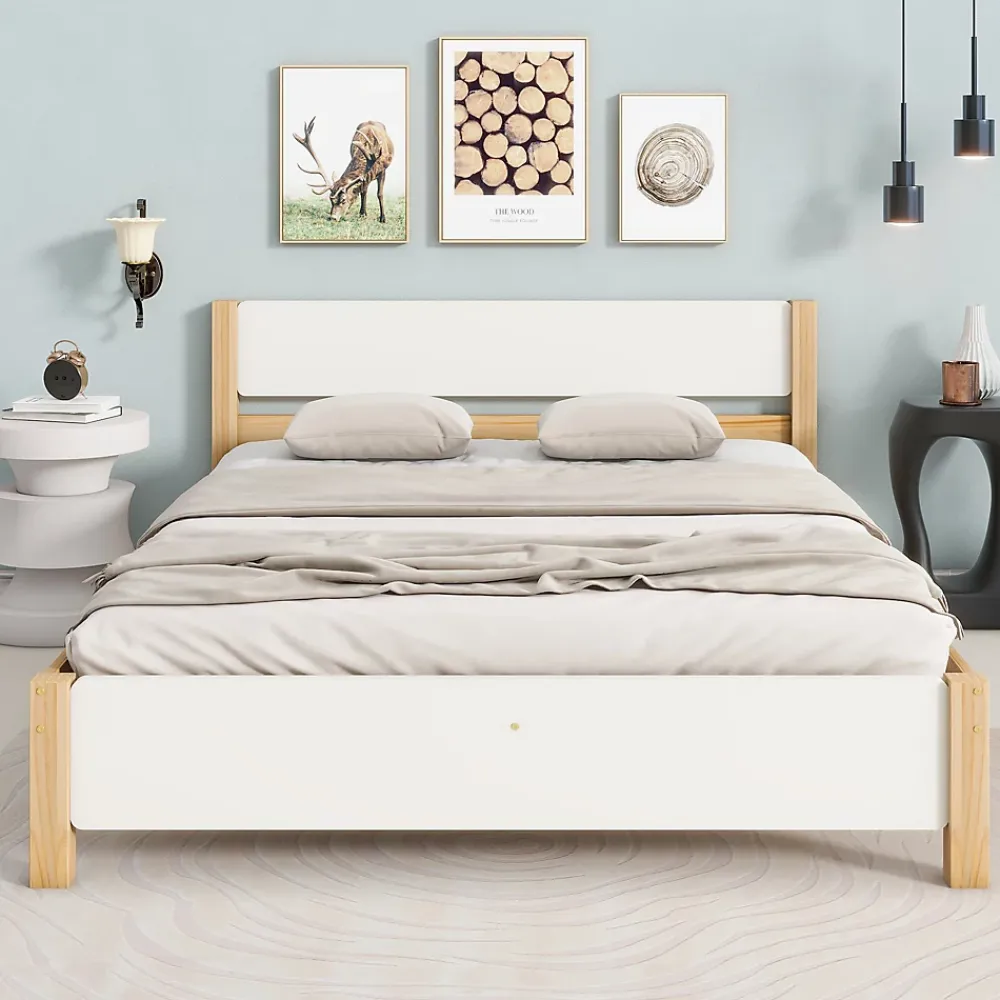 Okwish Lit double 140x200 cm - Lit avec tête et pied de lit - Pin + MDF - Sans matelas - Blanc + Naturel* Lit Double