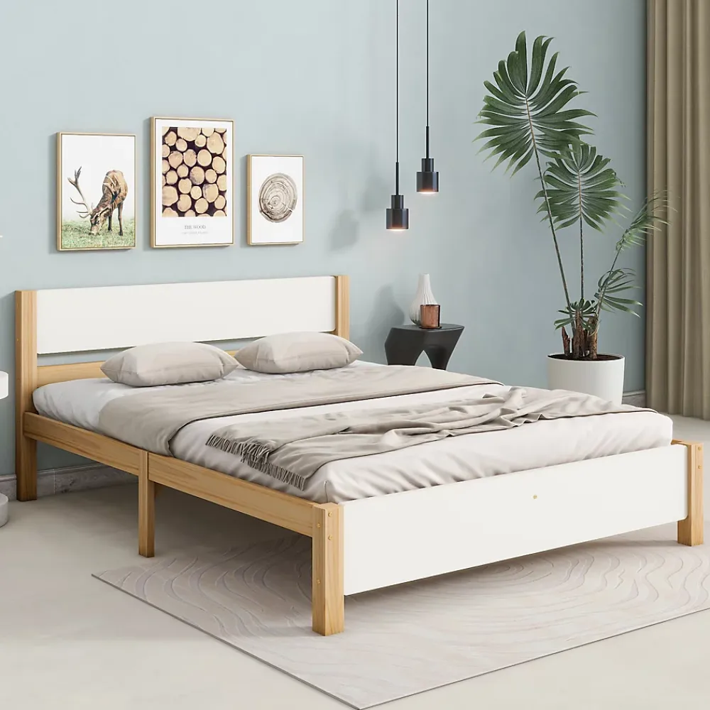 Okwish Lit double 140x200 cm - Lit avec tête et pied de lit - Pin + MDF - Sans matelas - Blanc + Naturel* Lit Double