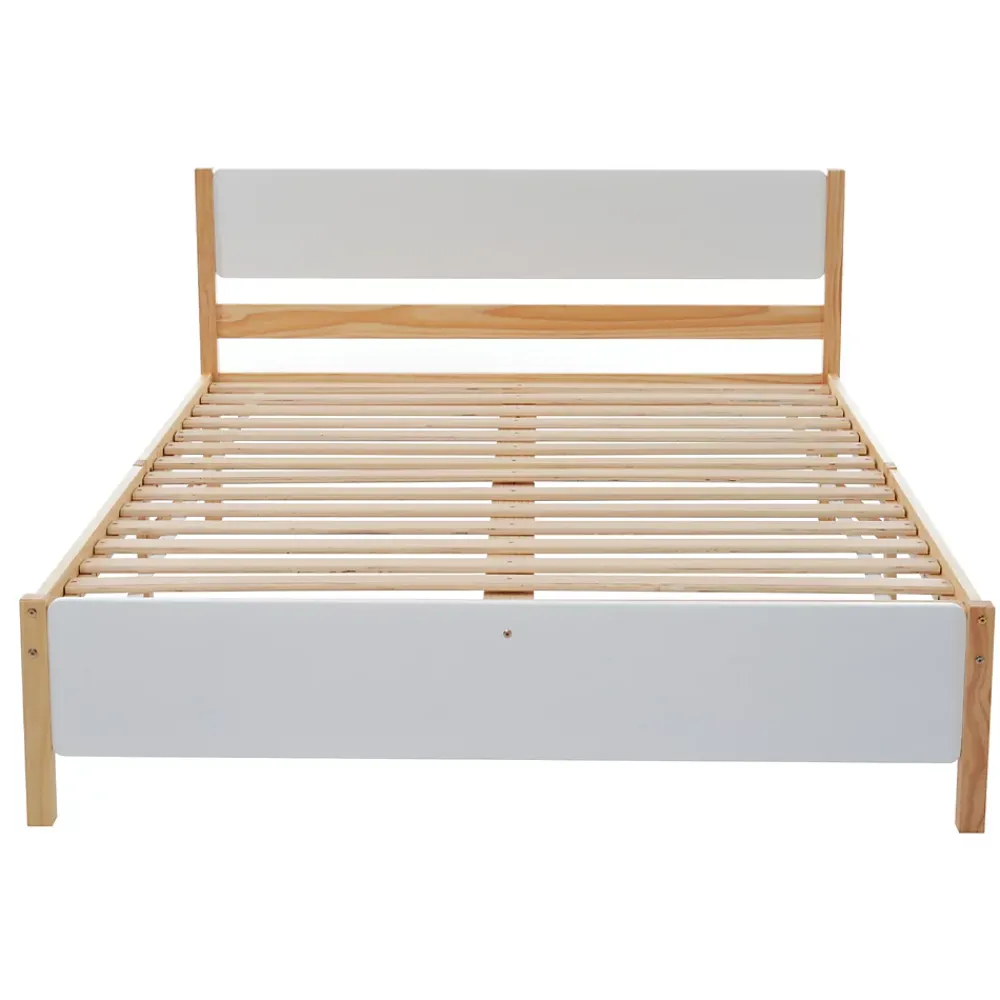 Okwish Lit double 140x200 cm - Lit avec tête et pied de lit - Pin + MDF - Sans matelas - Blanc + Naturel* Lit Double