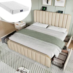 Lit double 140x200 cm - Lit avec tiroirs et fonction USB Type-C - Lin - Matelas Inclus - Beige>Okwish Sale