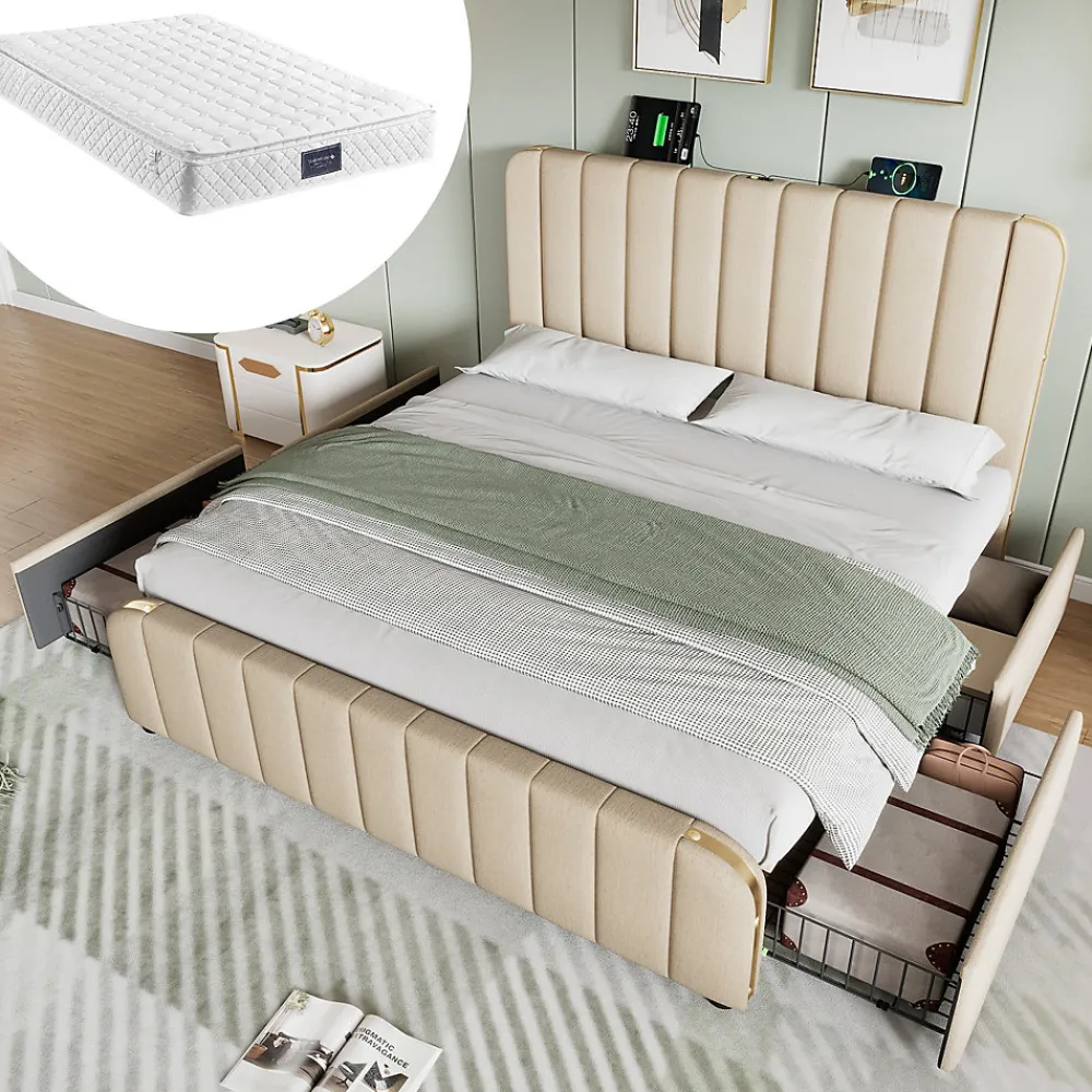 Lit double 140x200 cm - Lit avec tiroirs et fonction USB Type-C - Lin - Matelas Inclus - Beige>Okwish Sale