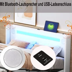 Okwish Lit Double 160x200 cm - Lit avec Éclairage LED, Bluetooth et USB Intégré, Coffre PU, Sans Matelas, Blanc* Lit Coffre