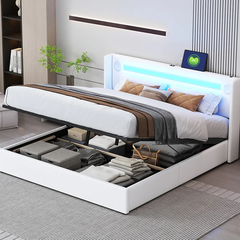 Okwish Lit Double 160x200 cm - Lit avec Éclairage LED, Bluetooth et USB Intégré, Coffre PU, Sans Matelas, Blanc* Lit Coffre