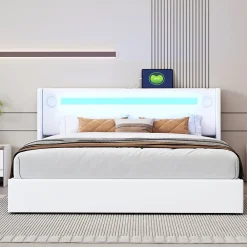 Okwish Lit Double 160x200 cm - Lit avec Éclairage LED, Bluetooth et USB Intégré, Coffre PU, Sans Matelas, Blanc* Lit Coffre