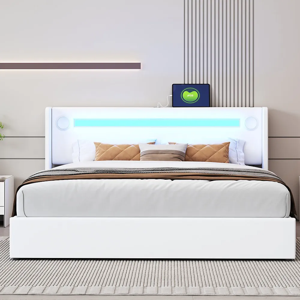 Okwish Lit Double 160x200 cm - Lit avec Éclairage LED, Bluetooth et USB Intégré, Coffre PU, Sans Matelas, Blanc* Lit Coffre