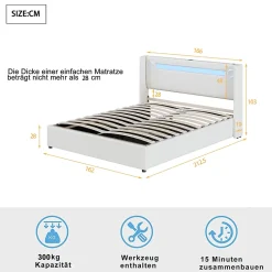 Okwish Lit Double 160x200 cm - Lit avec Éclairage LED, Bluetooth et USB Intégré, Coffre PU, Sans Matelas, Blanc* Lit Coffre
