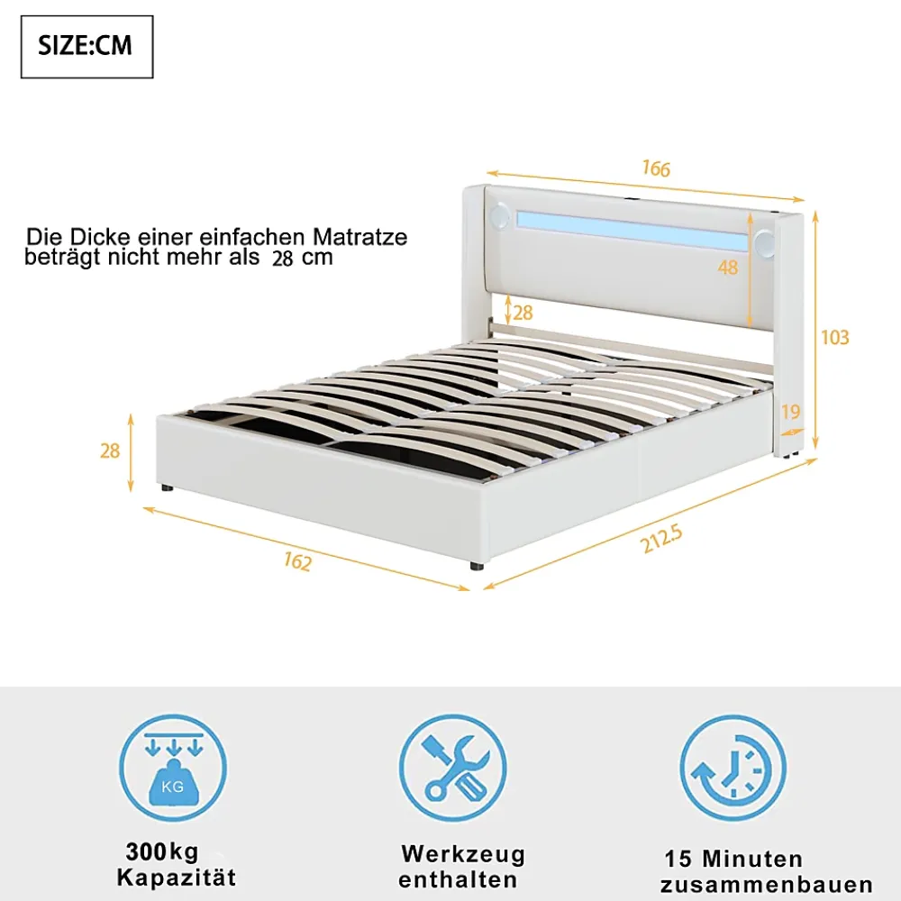 Okwish Lit Double 160x200 cm - Lit avec Éclairage LED, Bluetooth et USB Intégré, Coffre PU, Sans Matelas, Blanc* Lit Coffre