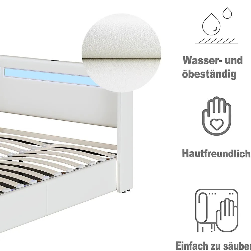 Okwish Lit Double 160x200 cm - Lit avec Éclairage LED, Bluetooth et USB Intégré, Coffre PU, Sans Matelas, Blanc* Lit Coffre