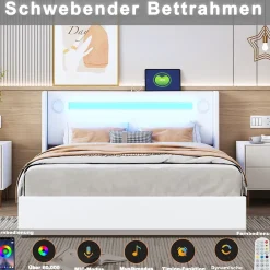 Okwish Lit Double 160x200 cm - Lit avec Éclairage LED, Bluetooth et USB Intégré, Coffre PU, Sans Matelas, Blanc* Lit Coffre