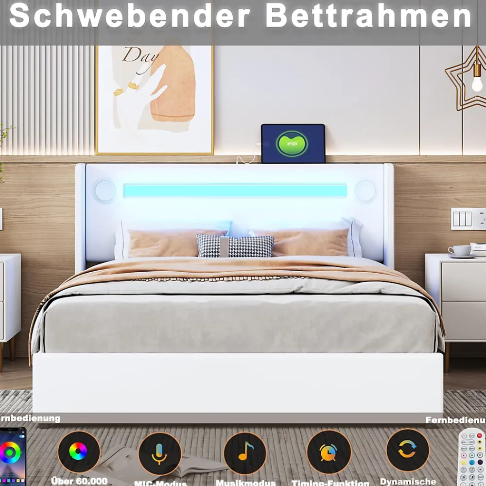 Okwish Lit Double 160x200 cm - Lit avec Éclairage LED, Bluetooth et USB Intégré, Coffre PU, Sans Matelas, Blanc* Lit Coffre