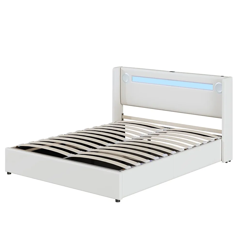 Okwish Lit Double 160x200 cm - Lit avec Éclairage LED, Bluetooth et USB Intégré, Coffre PU, Sans Matelas, Blanc* Lit Coffre