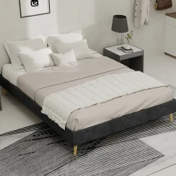 Lit Double 140x200 cm - Lit Bas Contemporain Adulte et Ado, Cadre Minimaliste et Robuste, Sans Tête de Lit, Sans Matelas, Gris>Okwish Hot