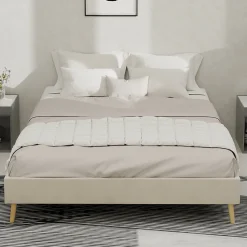 Lit Double 140x200 cm - Lit Bas Adulte et Ado, Design Minimaliste pour Chambre Moderne, Sans Matelas, Beige><noscript><img width=