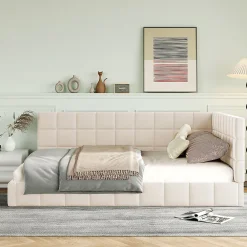 Okwish Lit Double 140x200 cm - Lit Canapé enfant, Structure Robuste avec Velours Doux au Toucher, Sans Matelas - Beige* Lit Double