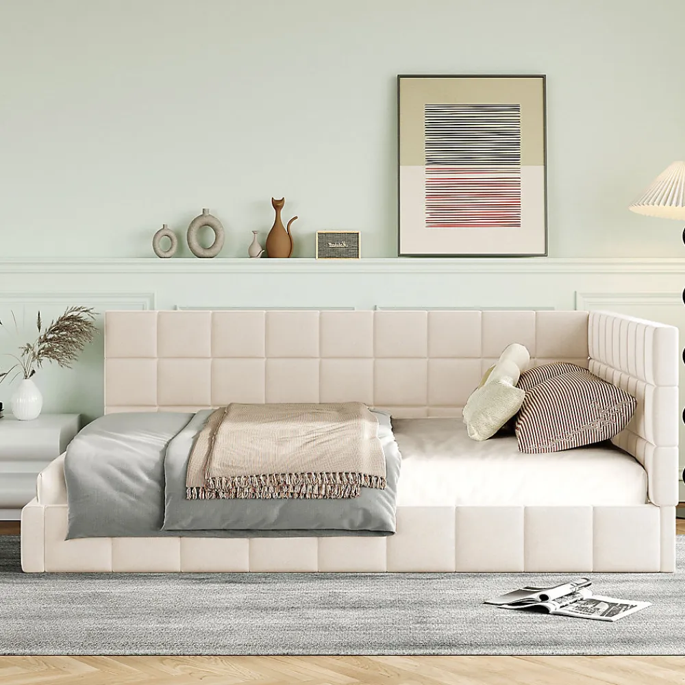 Okwish Lit Double 140x200 cm - Lit Canapé enfant, Structure Robuste avec Velours Doux au Toucher, Sans Matelas - Beige* Lit Double
